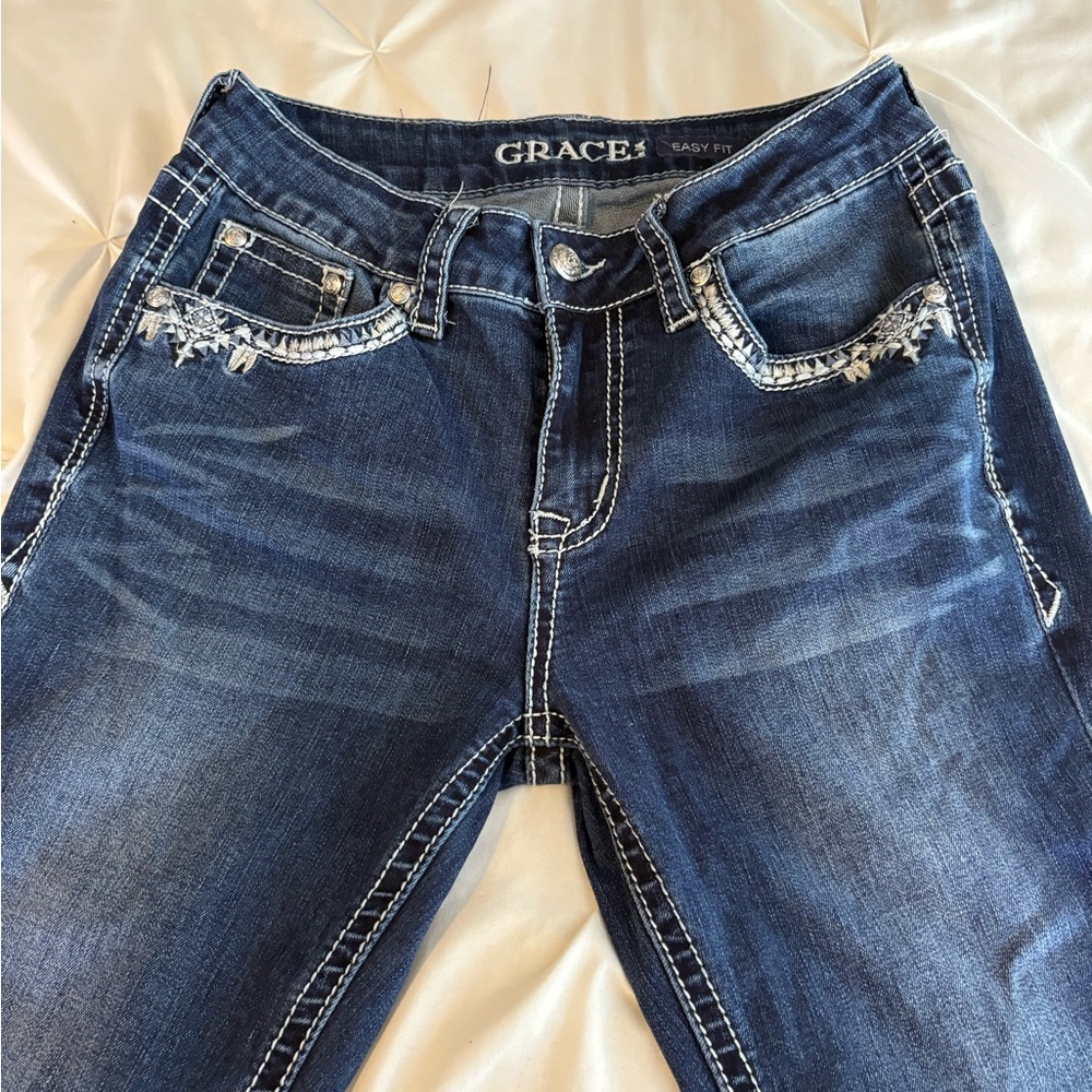 Grace Blue Boot Cut Jeans with Rhinestone Embellishments